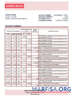 Downloadable Bosnia and Herzegovina Addiko Bank statement excel real example